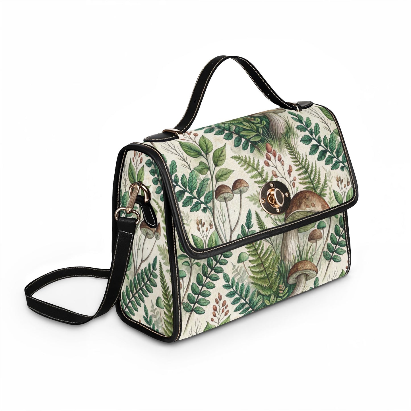 Mushroom Fern Waterproof Canvas Bag — Botanical Woodland Tote