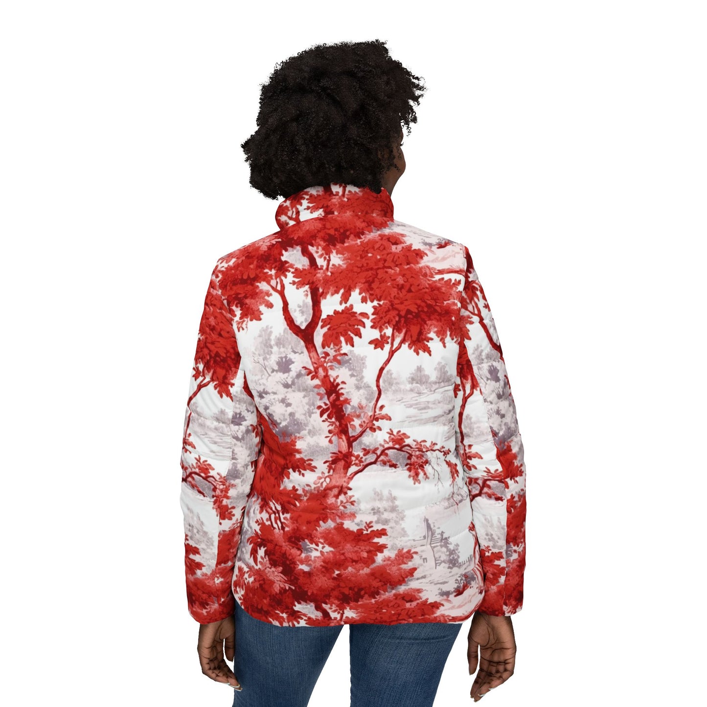 Women's Puffer Jacket - Red & White Toile de Jouy