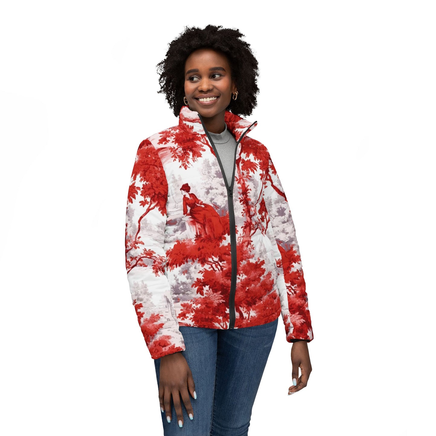 Women's Puffer Jacket - Red & White Toile de Jouy