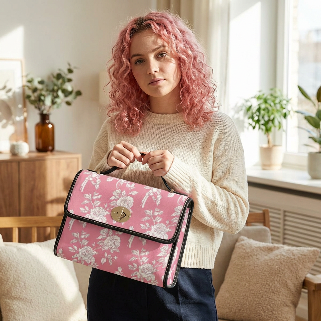 Floral Pink Canvas Bag — Waterproof Vintage Rose Satchel