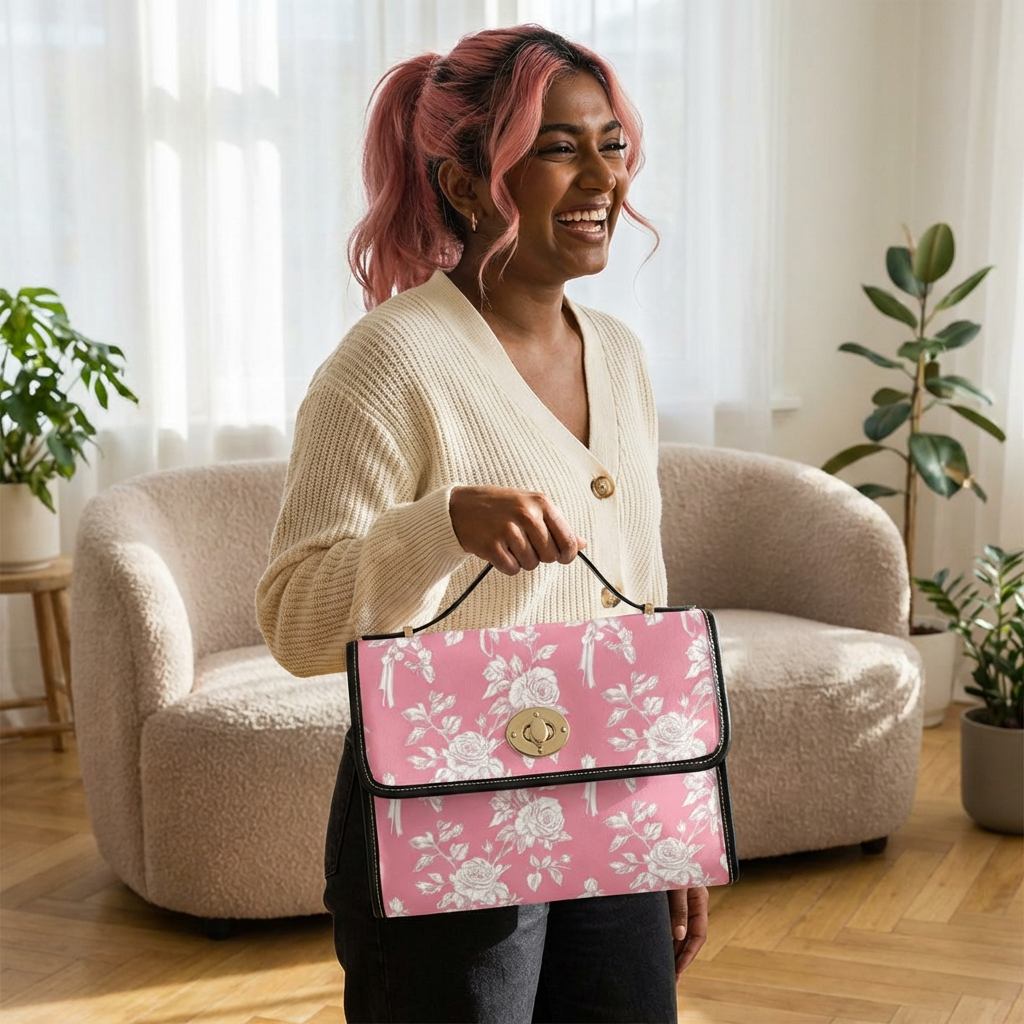 Floral Pink Canvas Bag — Waterproof Vintage Rose Satchel