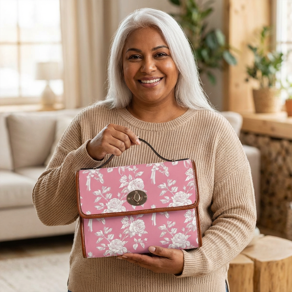 Floral Pink Canvas Bag — Waterproof Vintage Rose Satchel