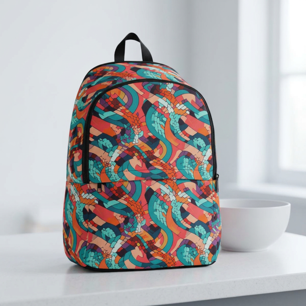 Abstract Retro Waves Backpack — Colorful Geometric Fabric Daypack